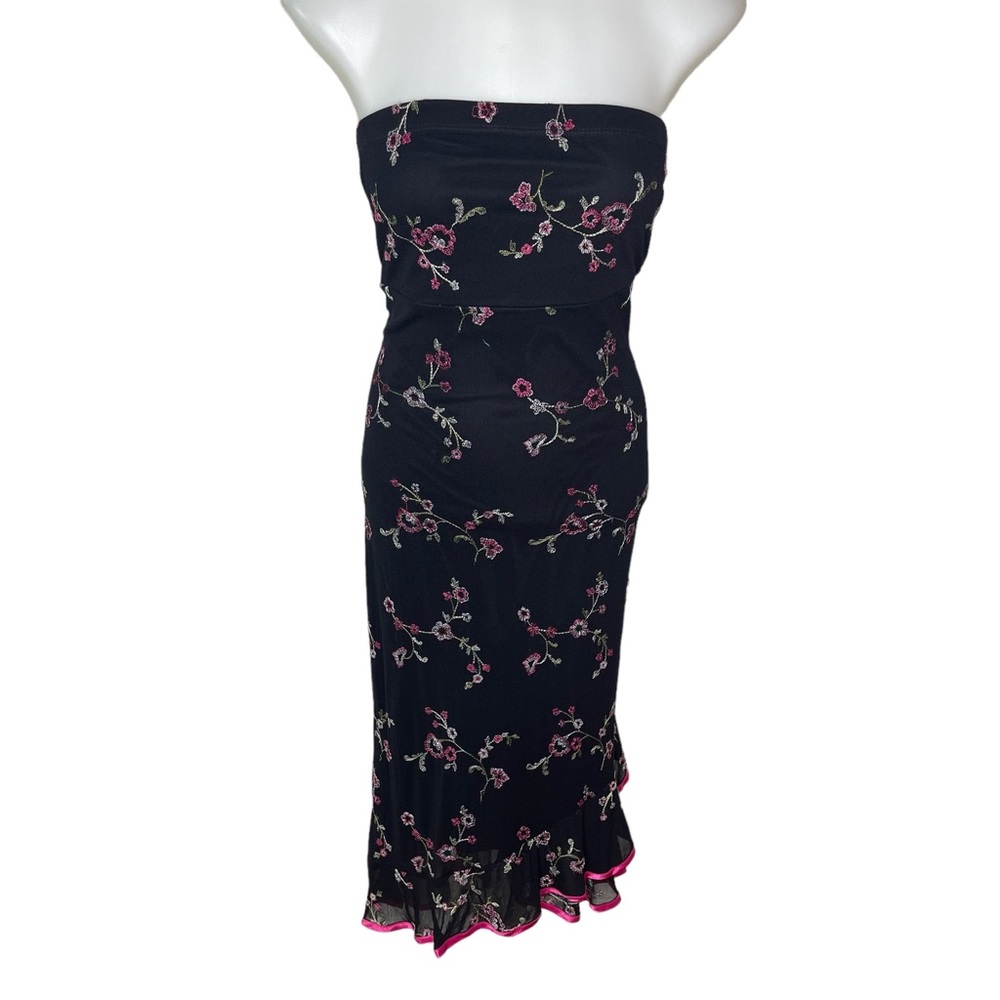 Vintage 90’s Y2k strapless floral embroidered mesh overlay ruffle dress